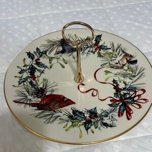 Festive Holiday Tiered Serving Tray Lenox winter greetings 1997 Cardinal EUC